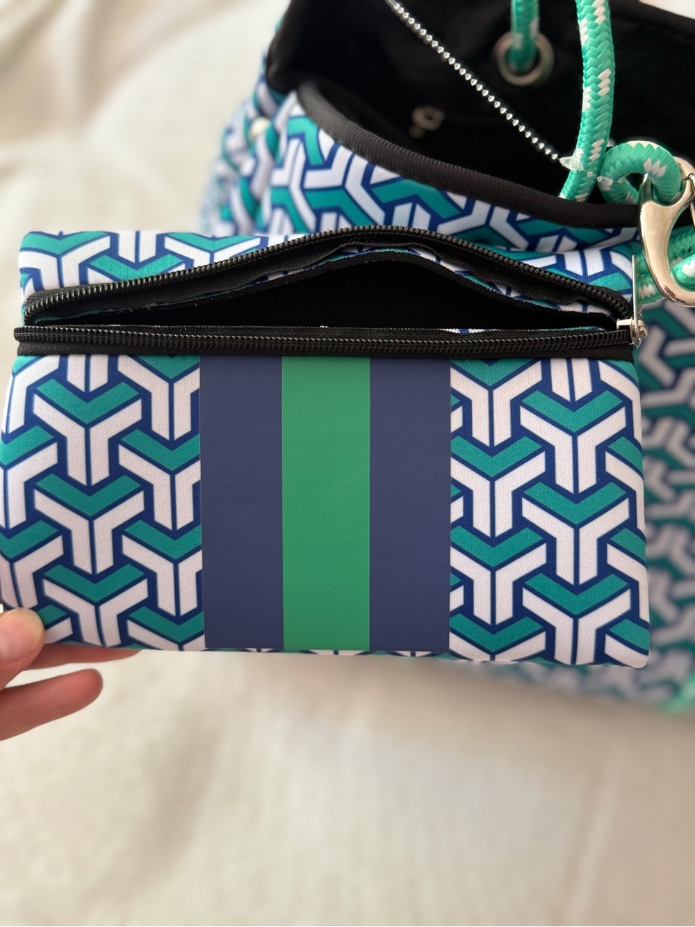 NAVY AND GREEN STRIPED NEOPRENE TOTE - Picture 7 of 7